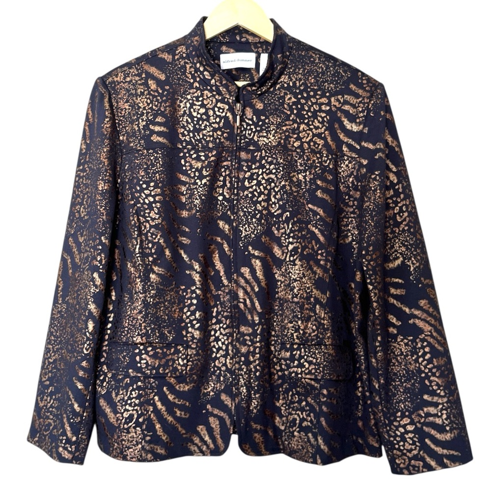 Alfred Dunner Bella Luna Black Metallic Gold Foil Animal Print Blazer Jacket 18